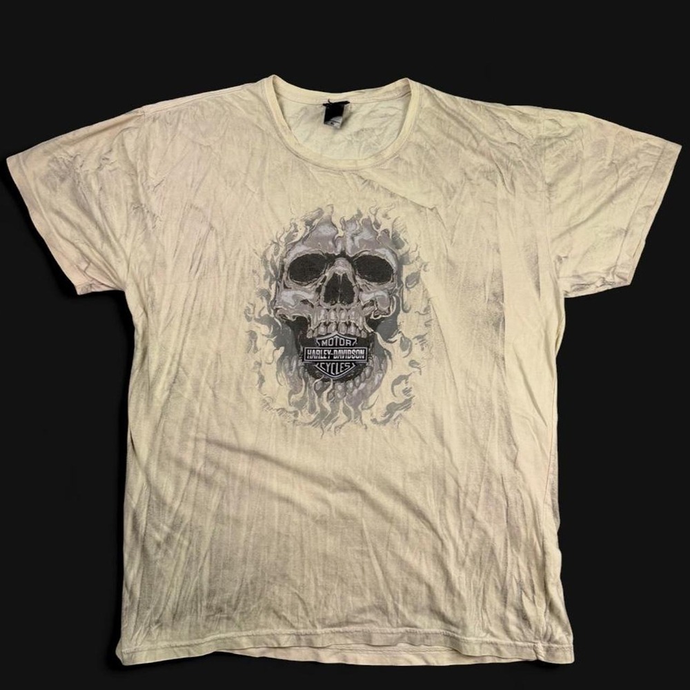 Y2K Harley-Davidson Cream Mineral Wash Flaming Skull Graphic T-Shirt Mens XL